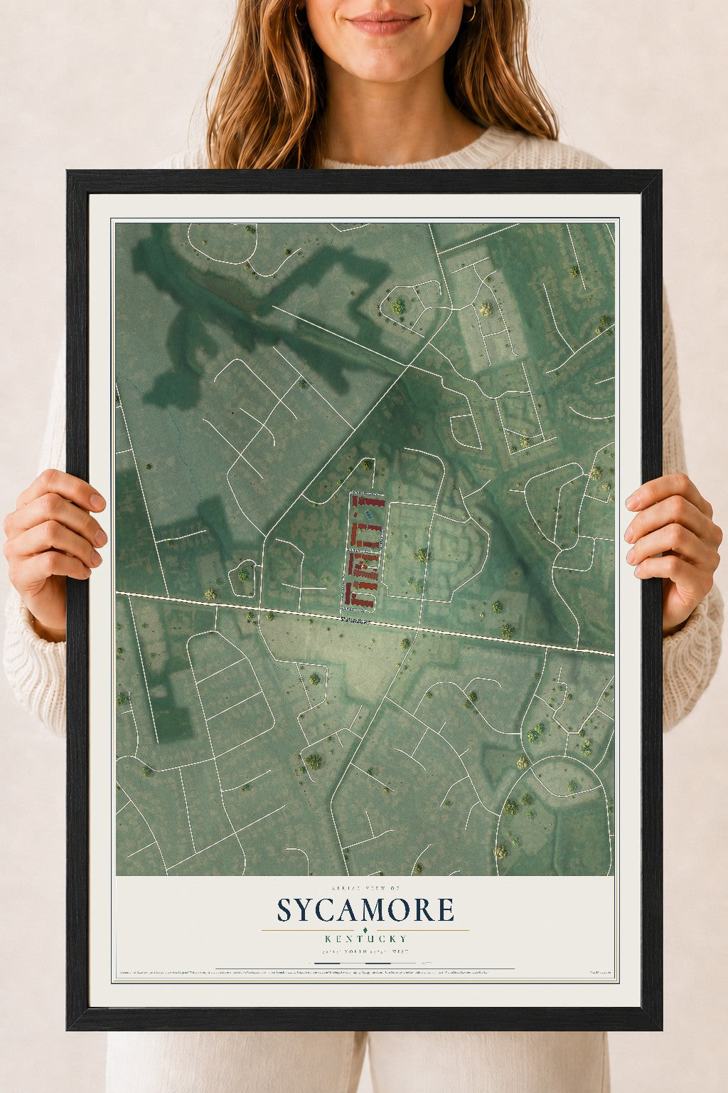 Map of Sycamore, Kentucky, 18 x 24 inch print in a black wood frame