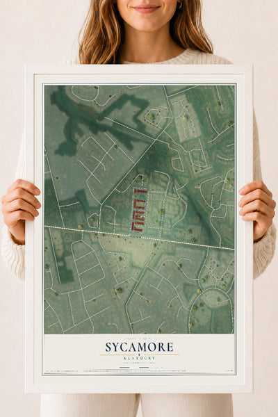 Map of Sycamore, Kentucky, 18 x 24 inch print in a white wood frame