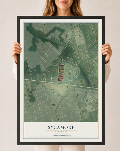 Map of Sycamore, Kentucky, 24 x 36 inch print in a black wood frame