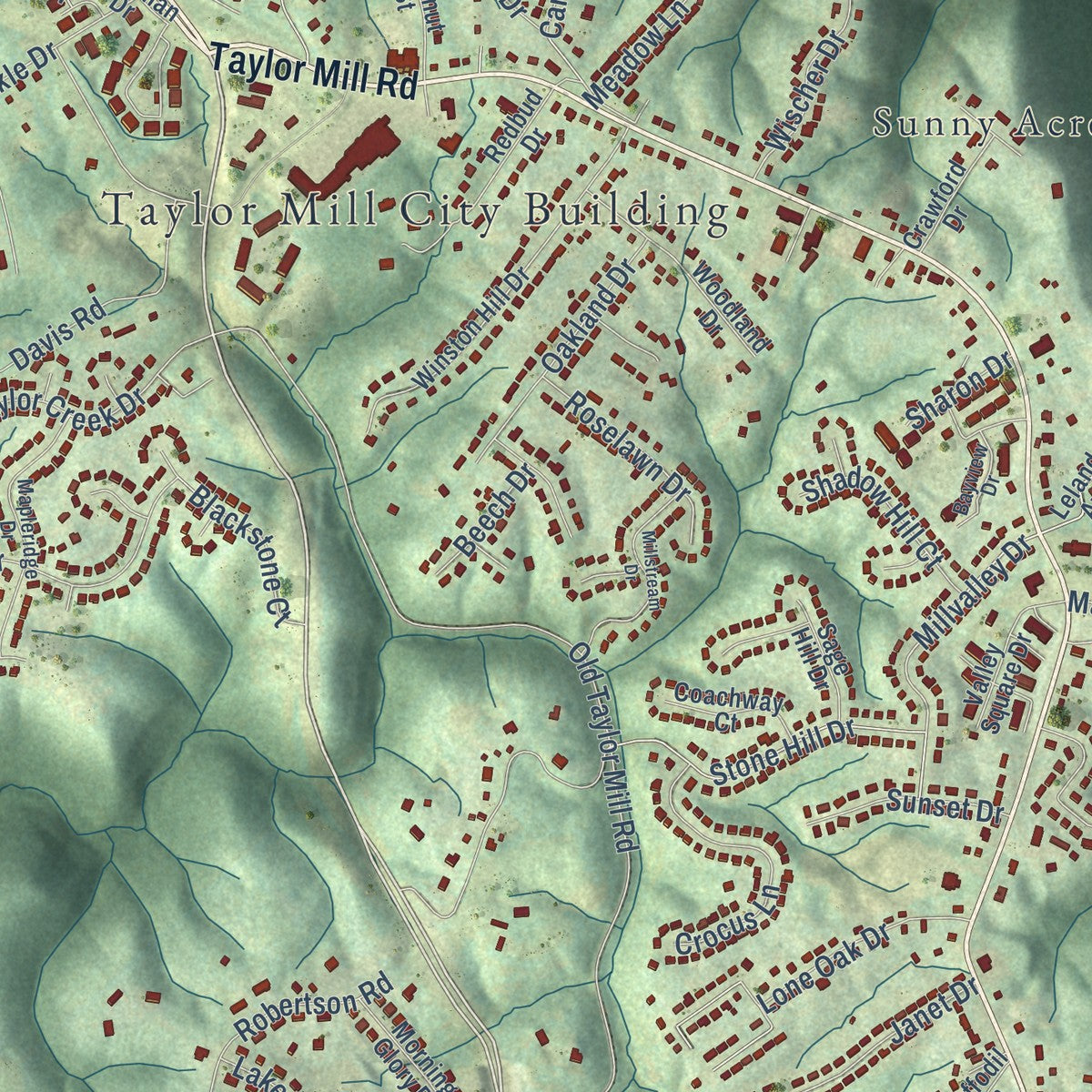 Close-up of the map of Taylor Mill, Kentucky print showing street and building detail