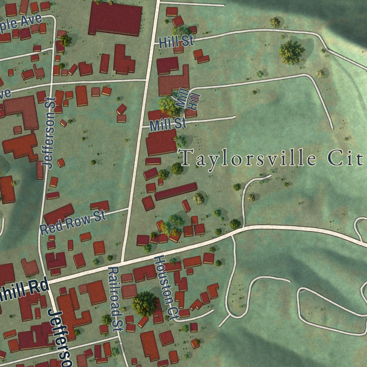 Close-up of the map of Taylorsville, Kentucky print showing street and building detail