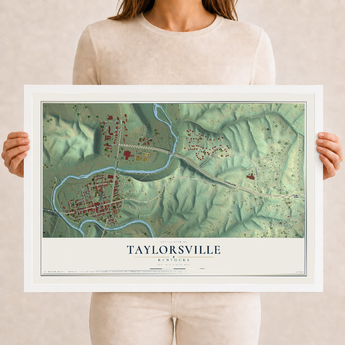 Map of Taylorsville, Kentucky, 12 x 18 inch print in a white wood frame