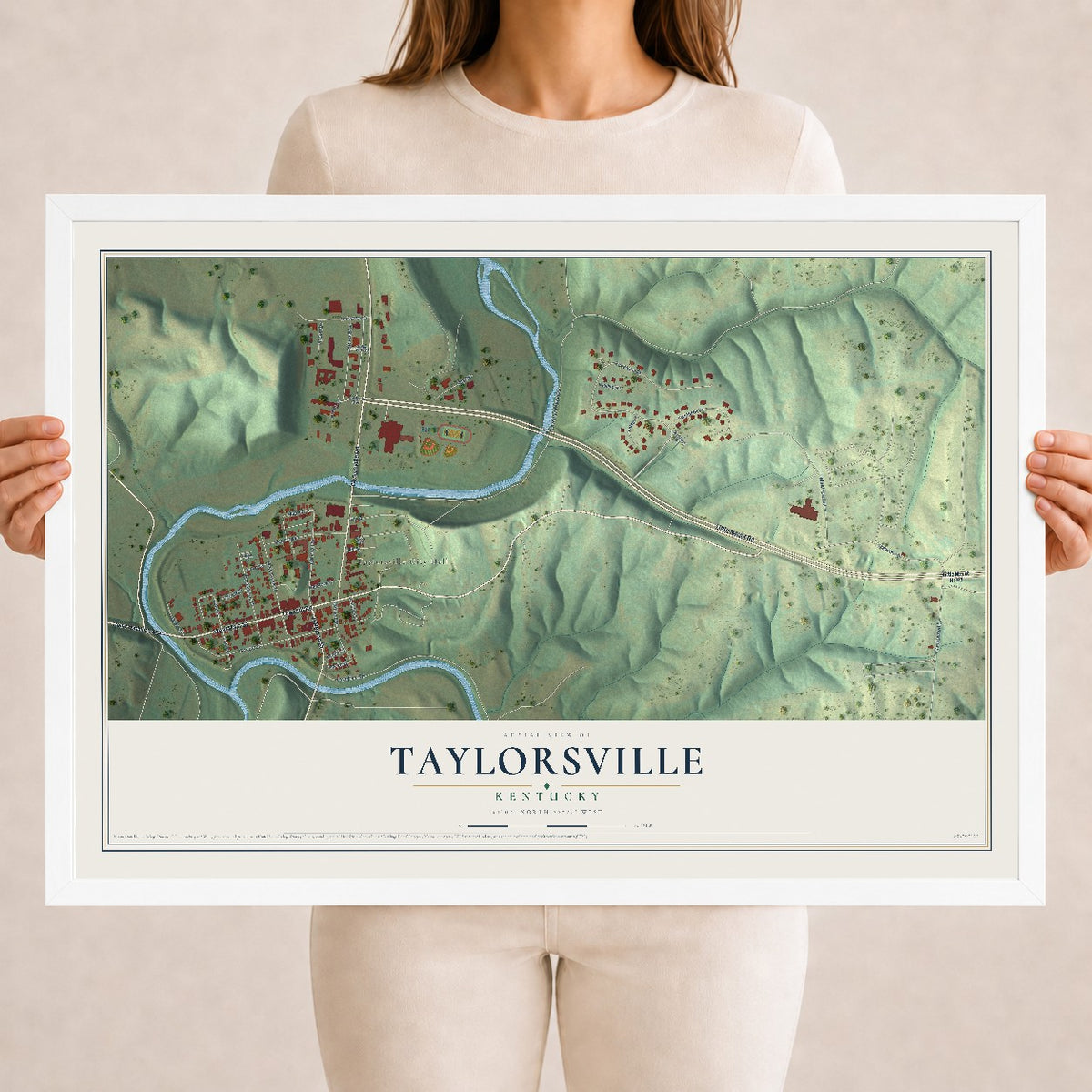 Map of Taylorsville, Kentucky, 18 x 24 inch print in a white wood frame