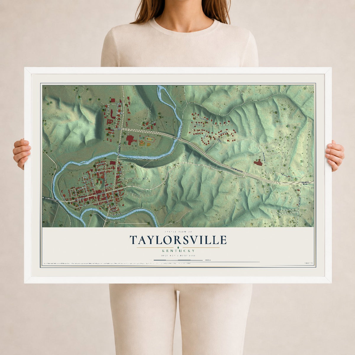 Map of Taylorsville, Kentucky, 24 x 36 inch print in a white wood frame