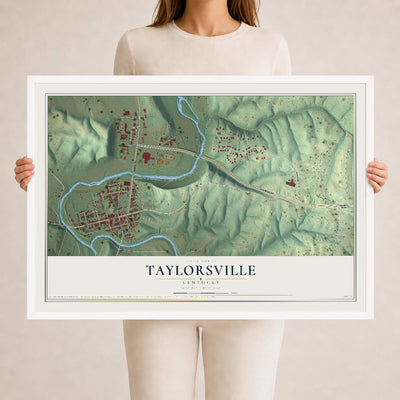 Map of Taylorsville, Kentucky, 24 x 36 inch print in a white wood frame