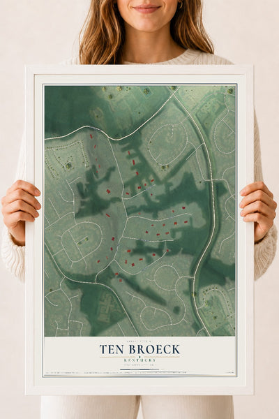 Map of Ten Broeck, Kentucky, 18 x 24 inch print in a white wood frame