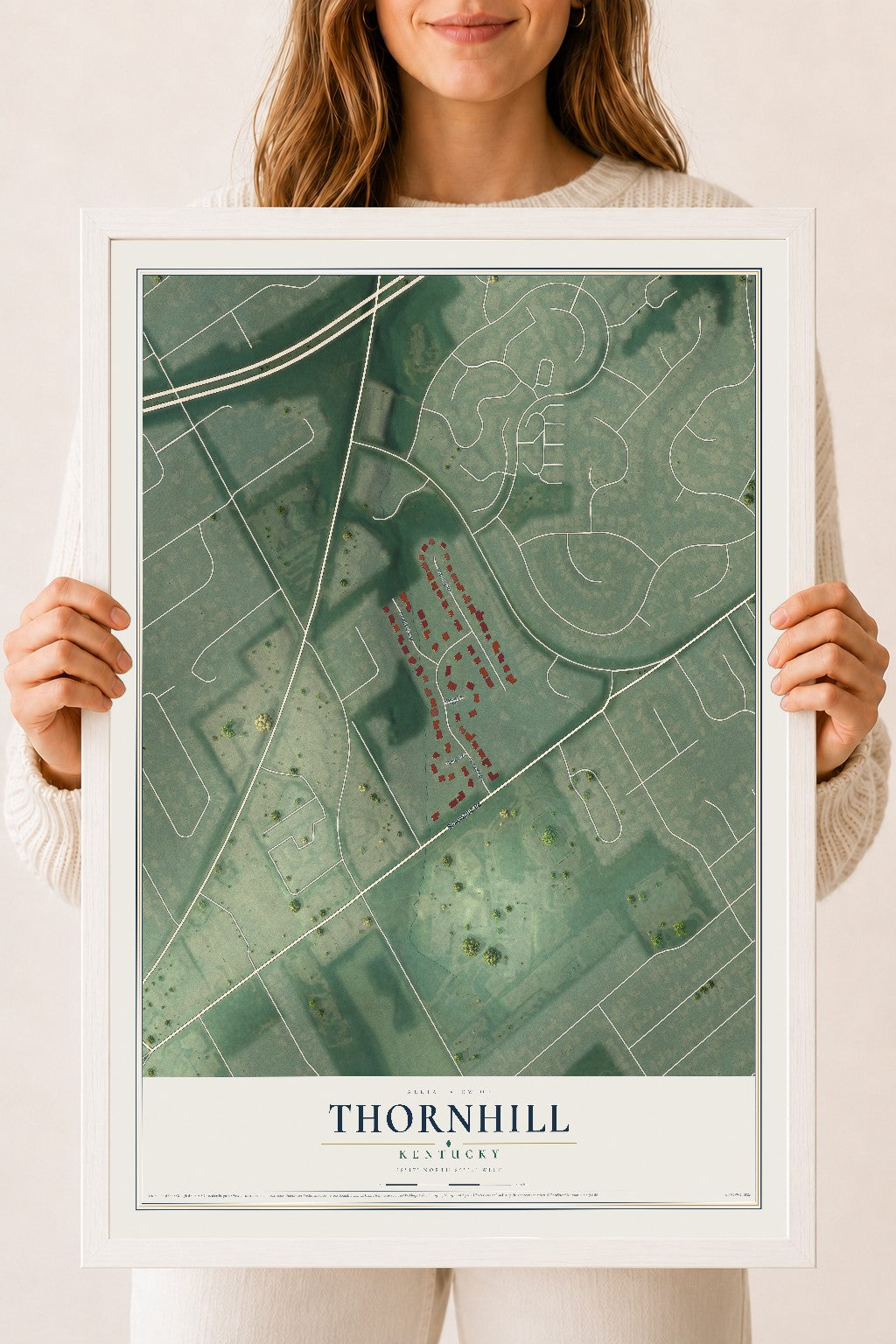 Map of Thornhill, Kentucky, 18 x 24 inch print in a white wood frame