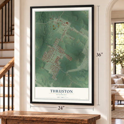 Thruston, Kentucky map, 24 x 36 inch print in a black frame by a staircase
