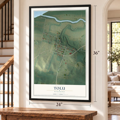 Tolu, Kentucky map, 24 x 36 inch print in a black frame by a staircase