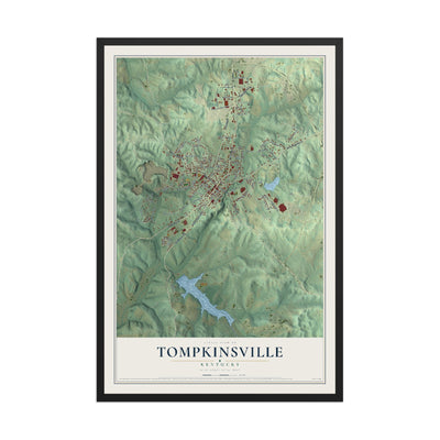 Map of Tompkinsville, Kentucky, 12 x 18 inch print in a black wood frame