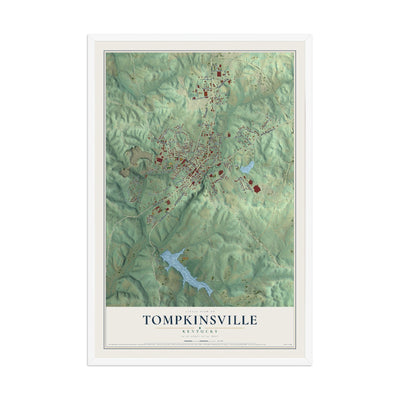Map of Tompkinsville, Kentucky, 12 x 18 inch print in a white wood frame
