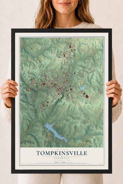 Map of Tompkinsville, Kentucky, 18 x 24 inch print in a black wood frame