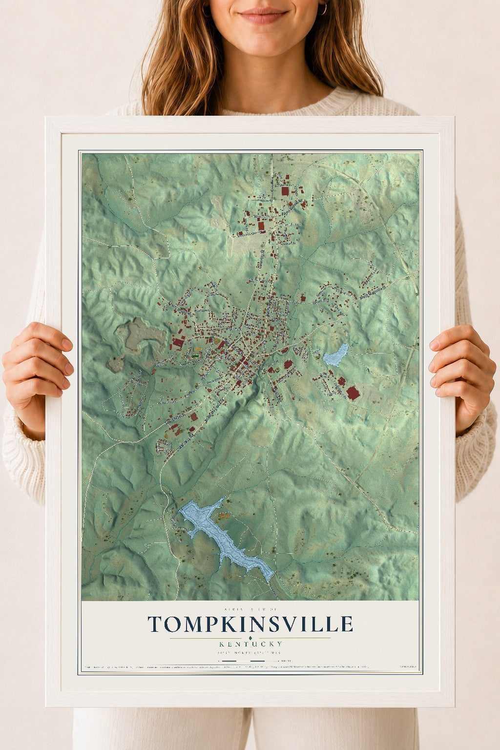 Map of Tompkinsville, Kentucky, 18 x 24 inch print in a white wood frame