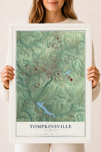Map of Tompkinsville, Kentucky, 18 x 24 inch print in a white wood frame