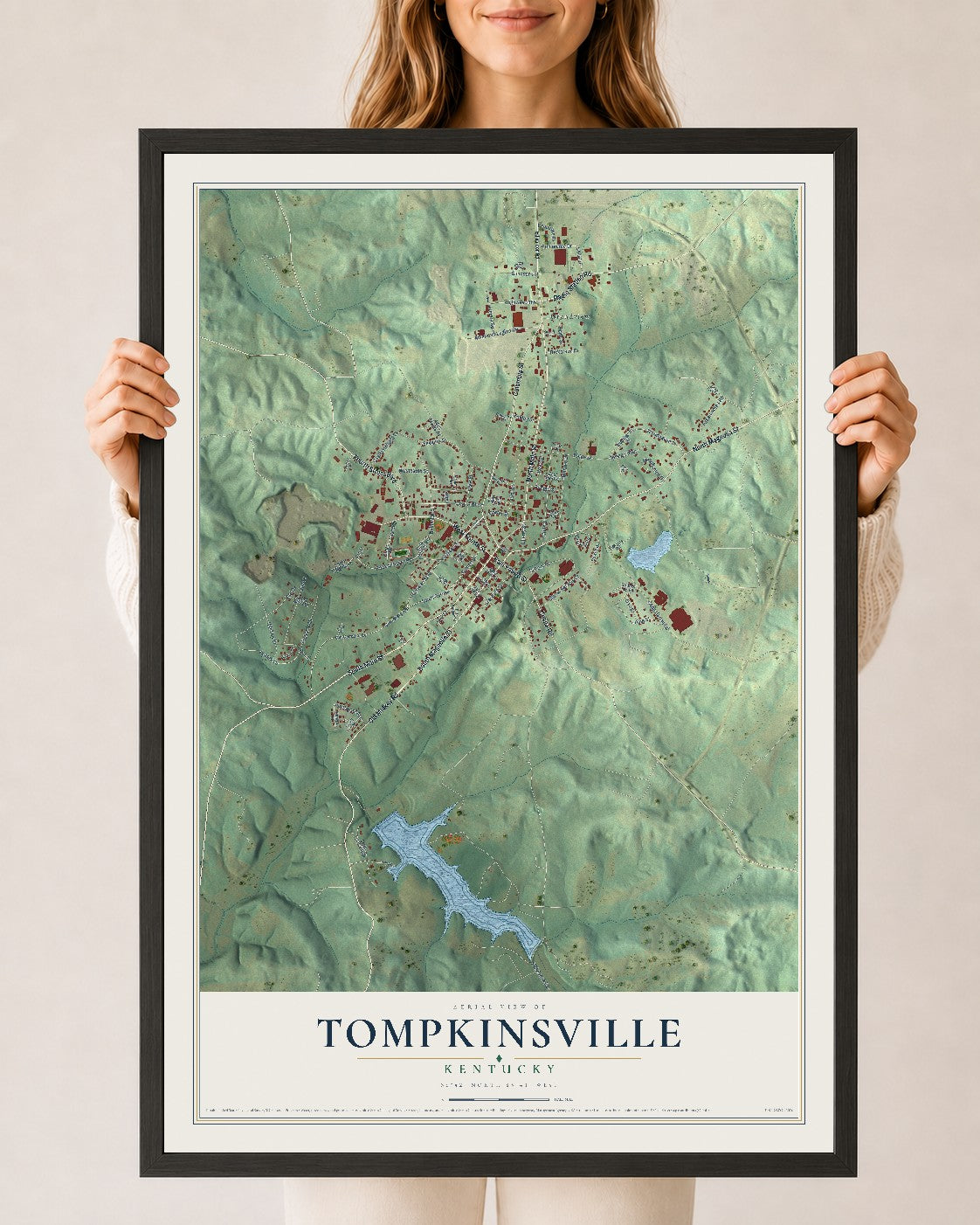 Map of Tompkinsville, Kentucky, 24 x 36 inch print in a black wood frame