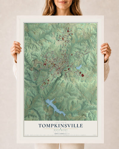 Map of Tompkinsville, Kentucky, 24 x 36 inch print in a white wood frame