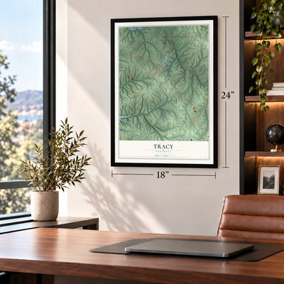 Tracy, Kentucky map, 18 x 24 inch print in a black frame in a home office