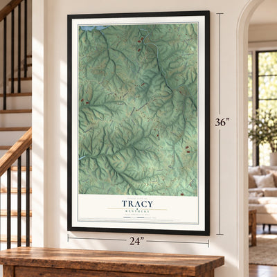 Tracy, Kentucky map, 24 x 36 inch print in a black frame by a staircase