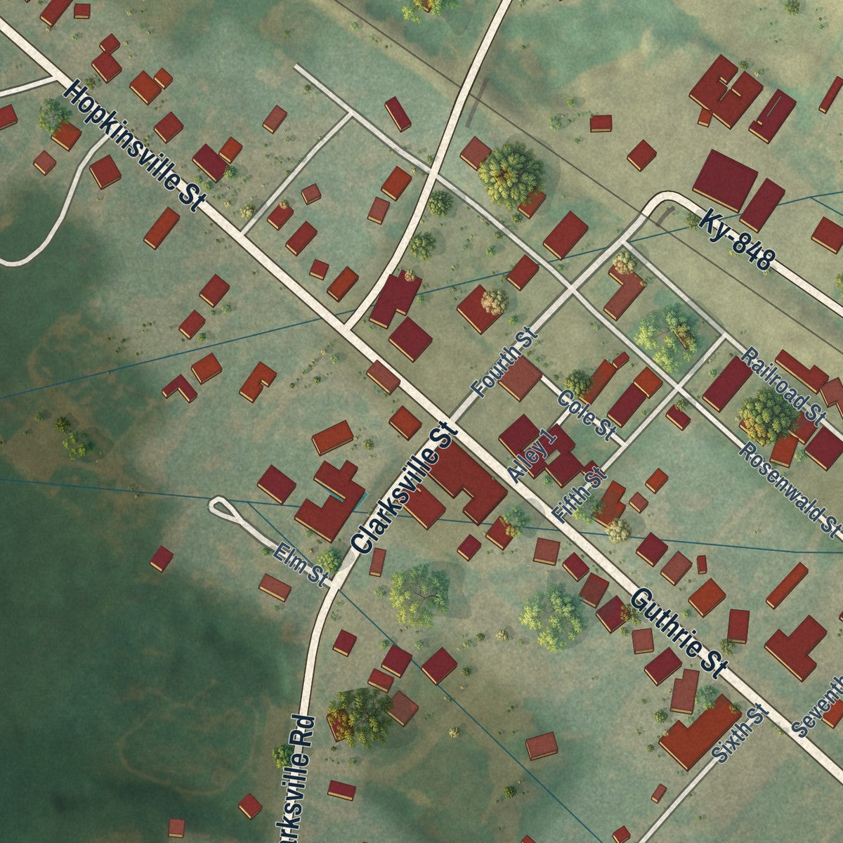 Close-up of the map of Trenton, Kentucky print showing street and building detail