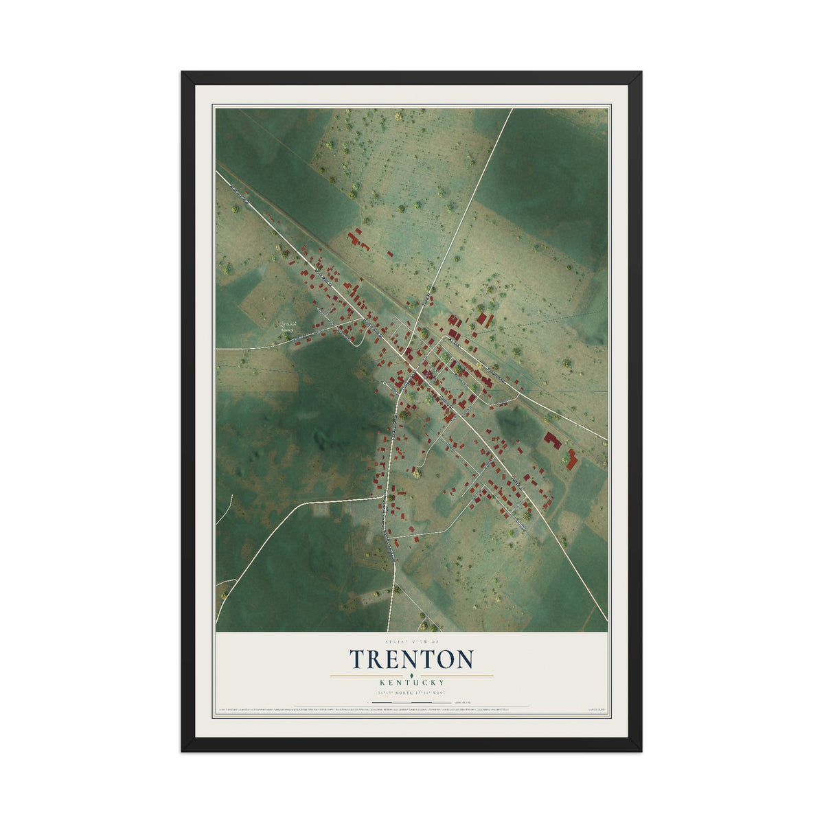 Map of Trenton, Kentucky, 12 x 18 inch print in a black wood frame
