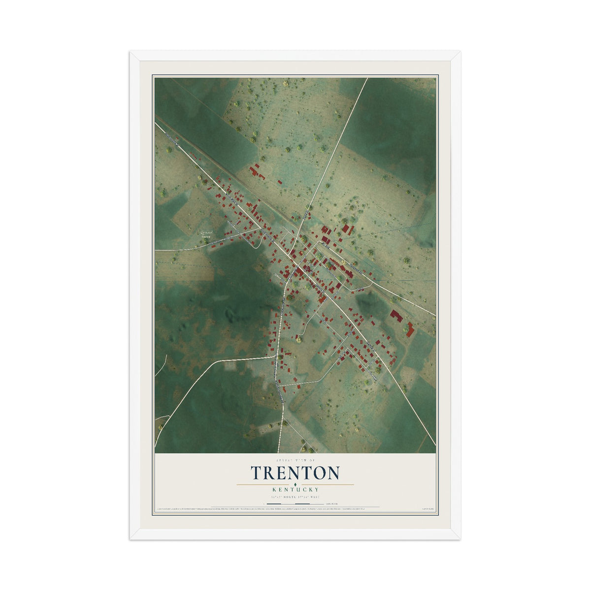Map of Trenton, Kentucky, 12 x 18 inch print in a white wood frame