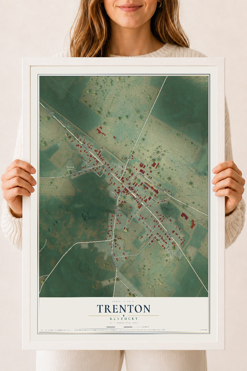 Map of Trenton, Kentucky, 18 x 24 inch print in a white wood frame