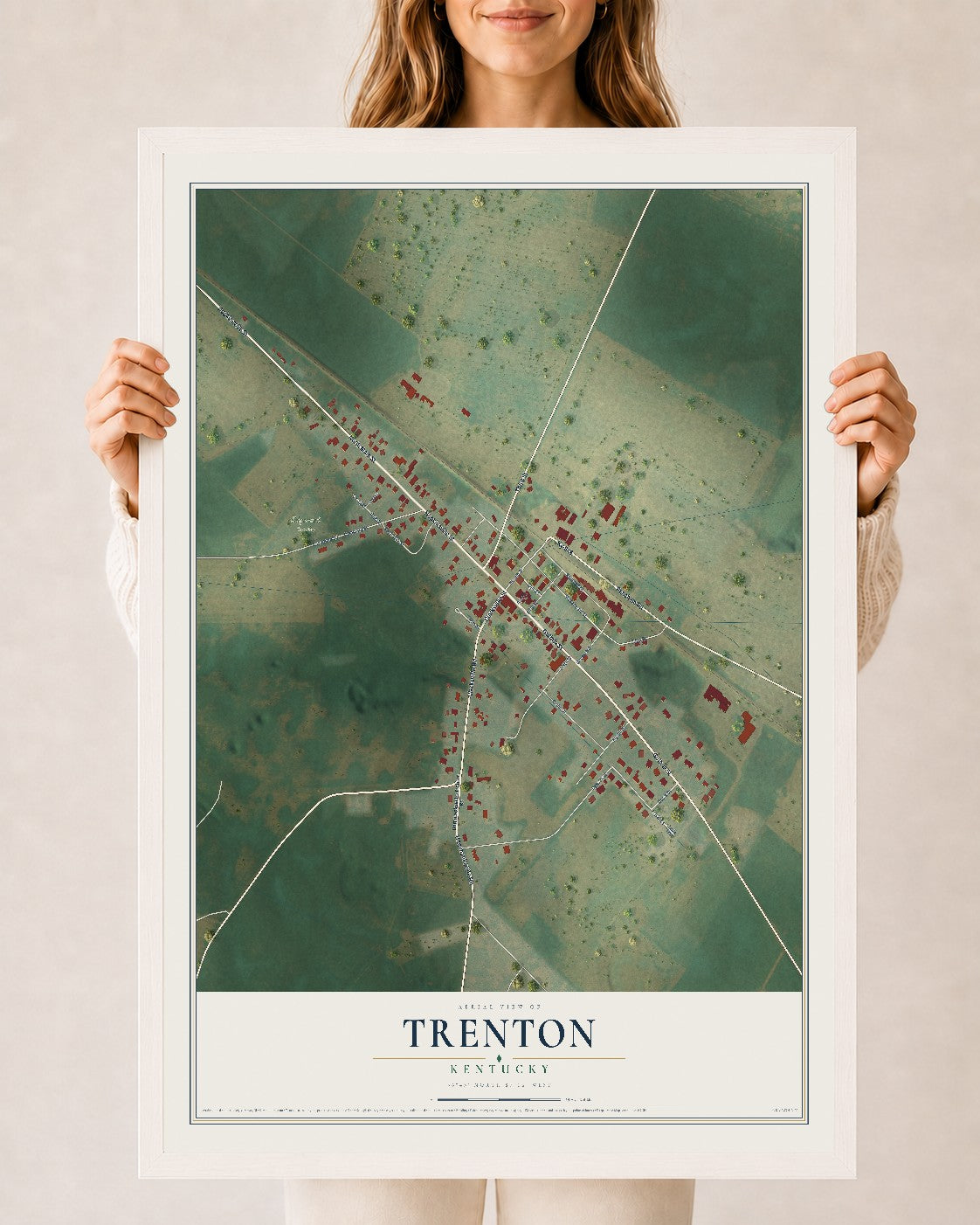 Map of Trenton, Kentucky, 24 x 36 inch print in a white wood frame