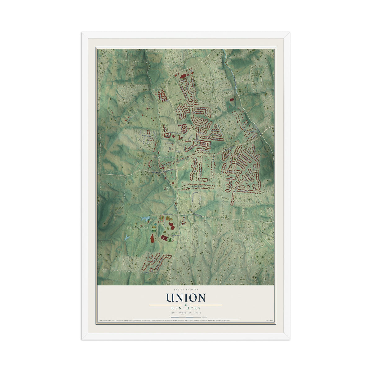 Map of Union, Kentucky, 12 x 18 inch print in a white wood frame