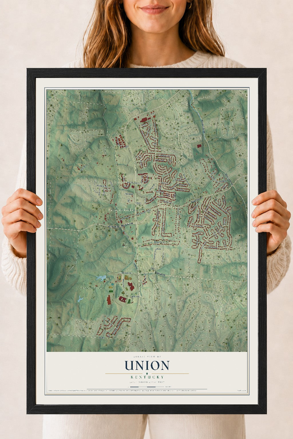Map of Union, Kentucky, 18 x 24 inch print in a black wood frame