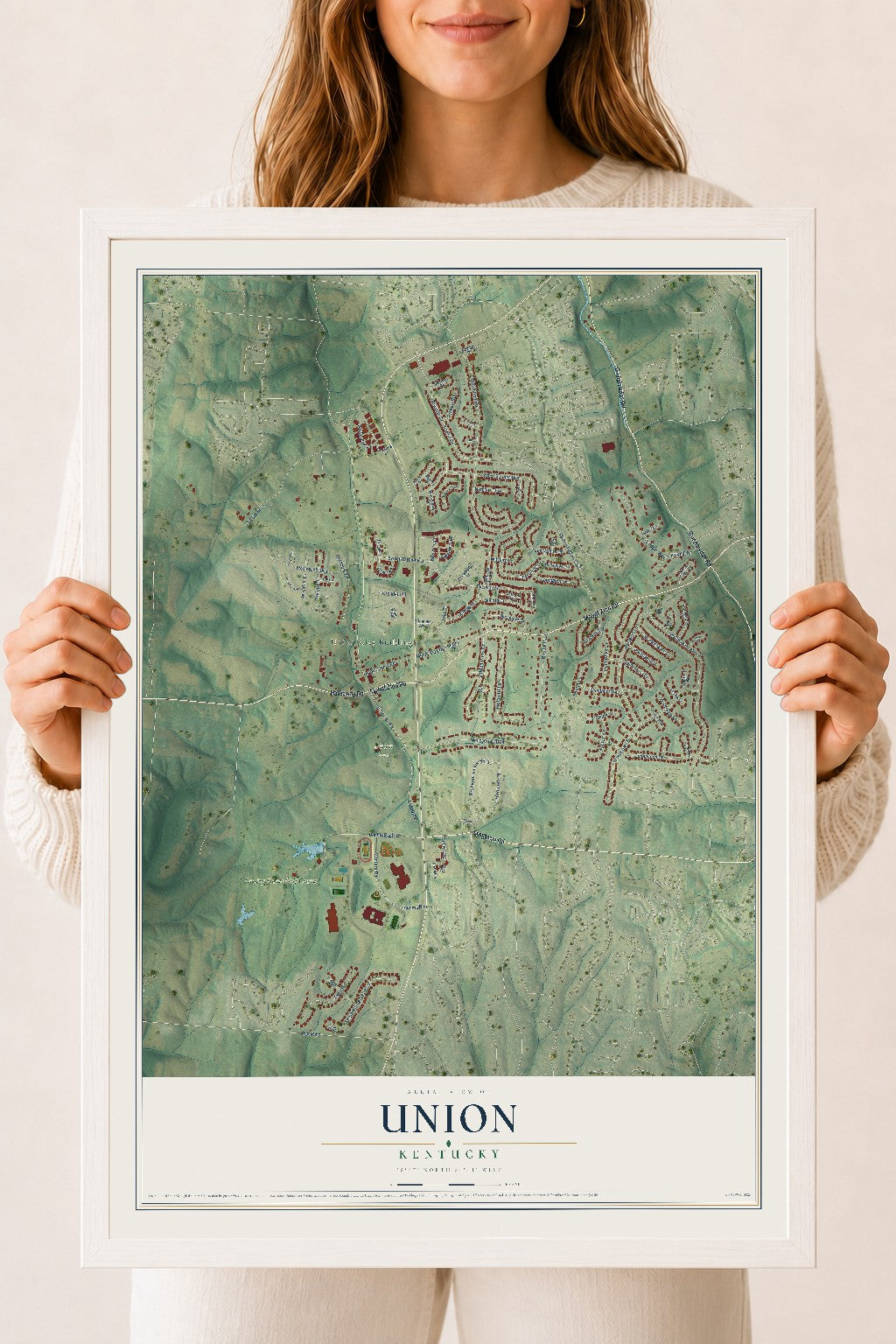 Map of Union, Kentucky, 18 x 24 inch print in a white wood frame