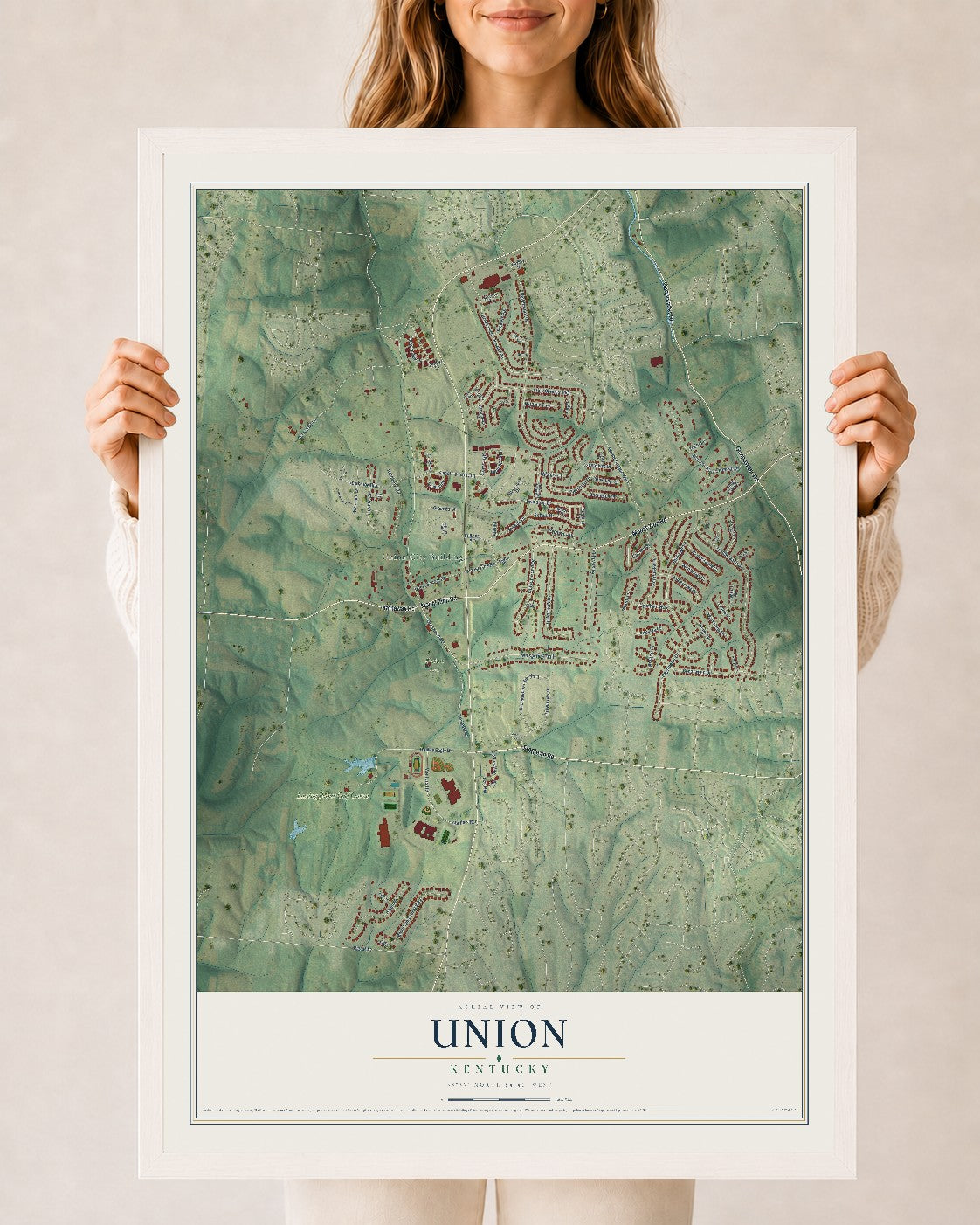 Map of Union, Kentucky, 24 x 36 inch print in a white wood frame