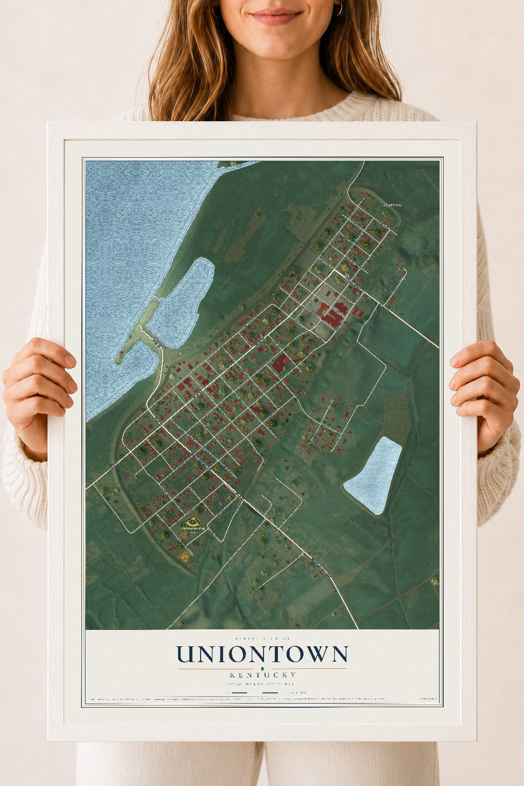 Map of Uniontown, Kentucky, 18 x 24 inch print in a white wood frame