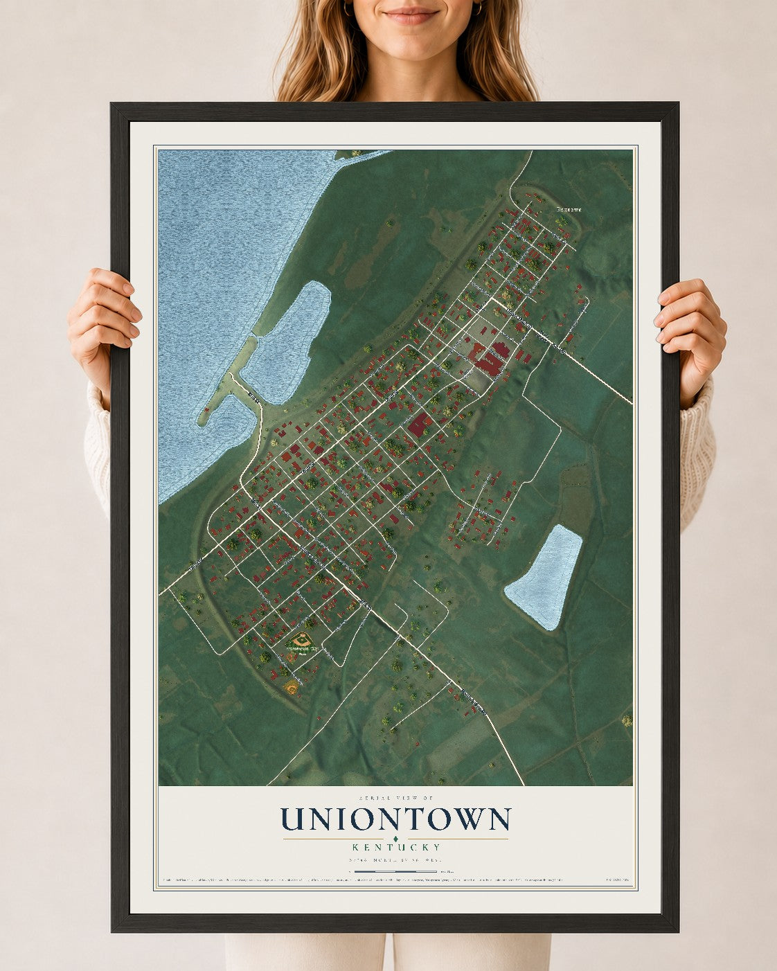 Map of Uniontown, Kentucky, 24 x 36 inch print in a black wood frame