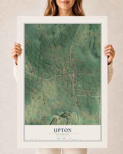Map of Upton, Kentucky, 24 x 36 inch print in a white wood frame