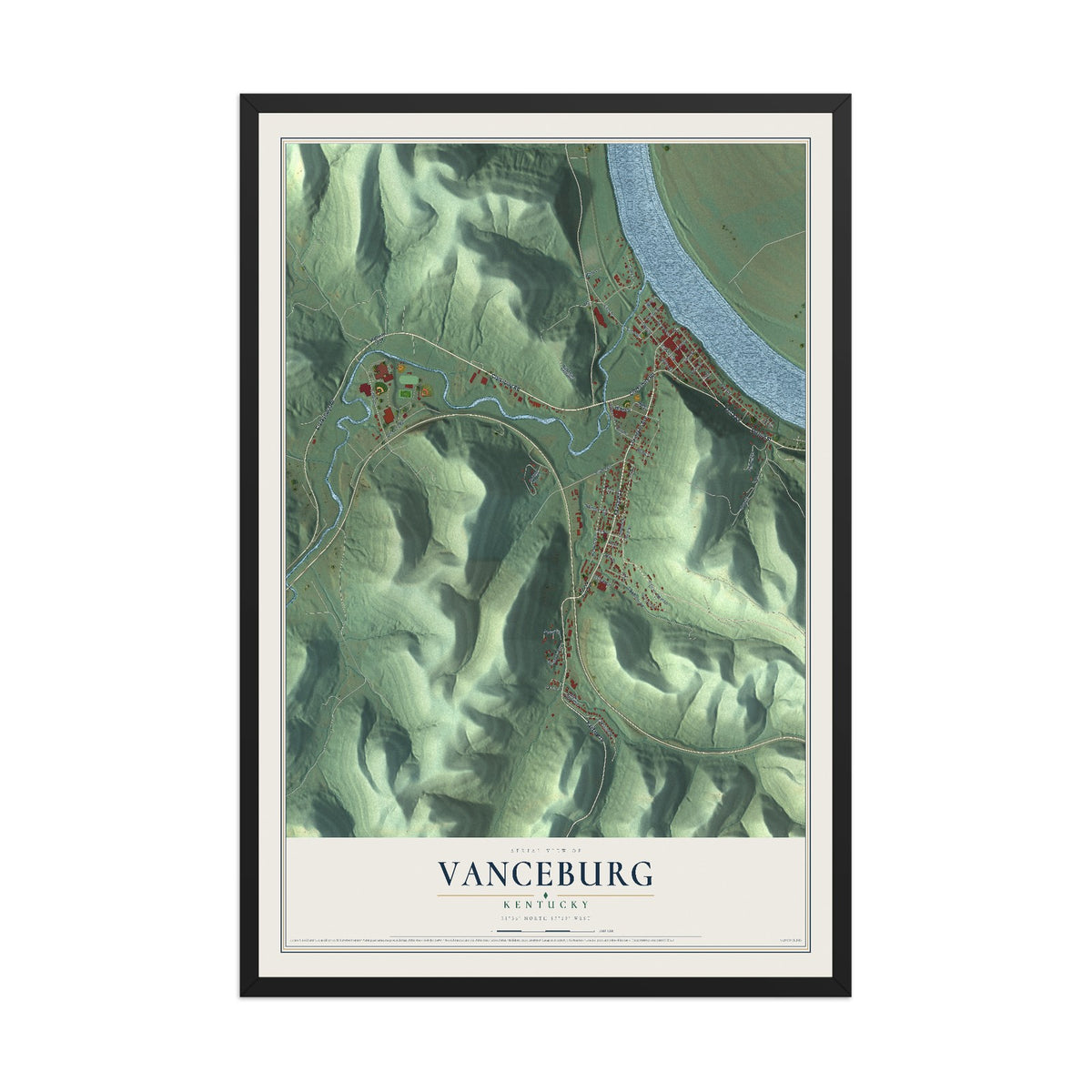 Map of Vanceburg, Kentucky, 12 x 18 inch print in a black wood frame