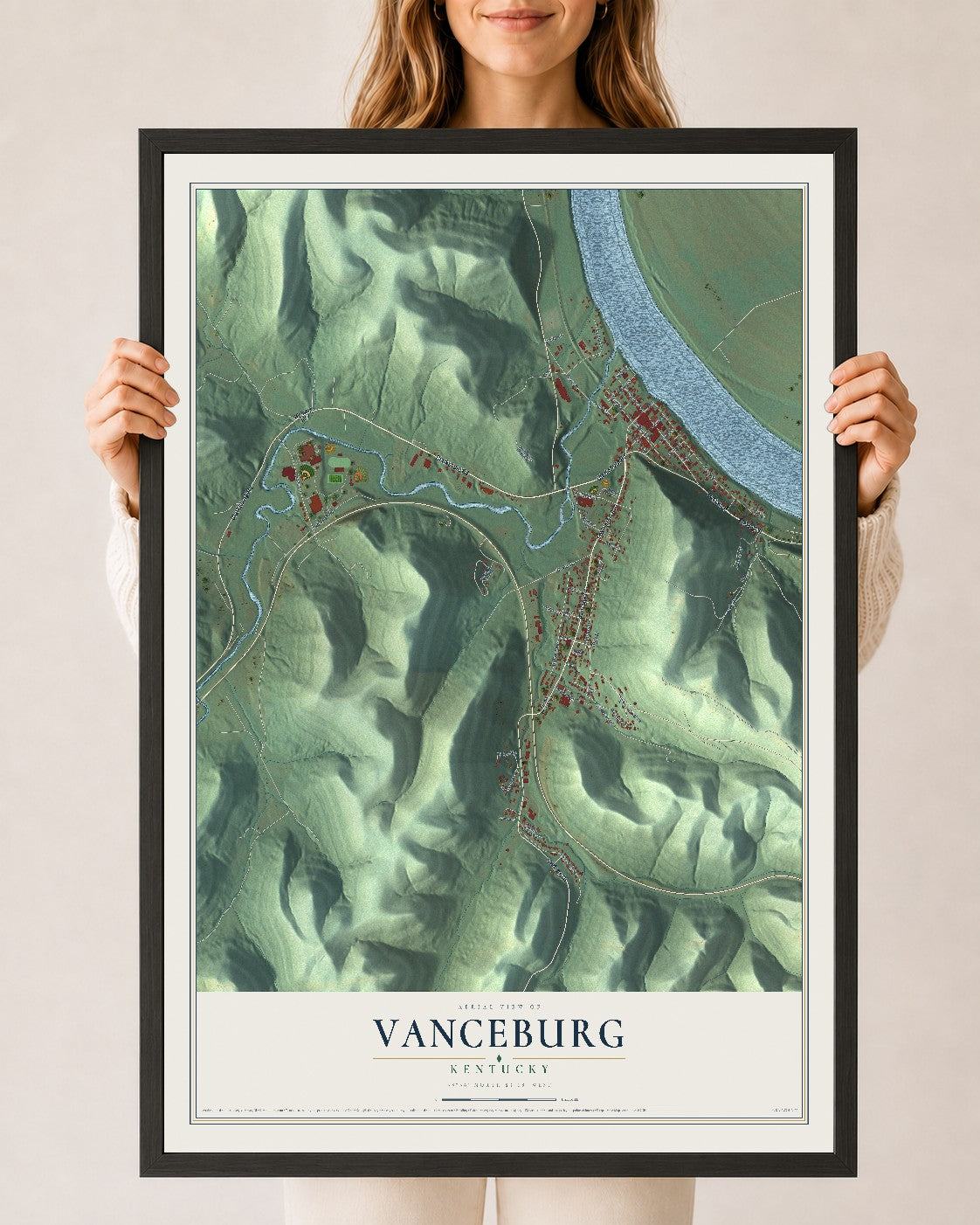 Map of Vanceburg, Kentucky, 24 x 36 inch print in a black wood frame