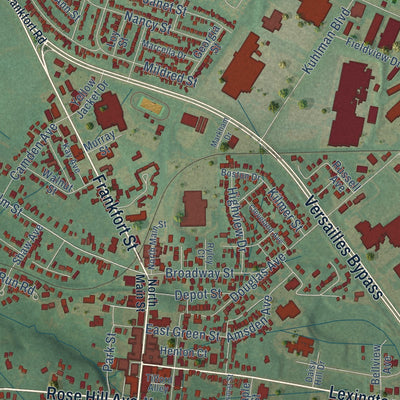 Close-up of the map of Versailles, Kentucky print showing street and building detail
