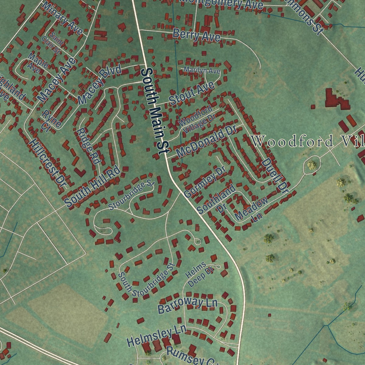 Second close-up of the map of Versailles, Kentucky print showing more streets and buildings