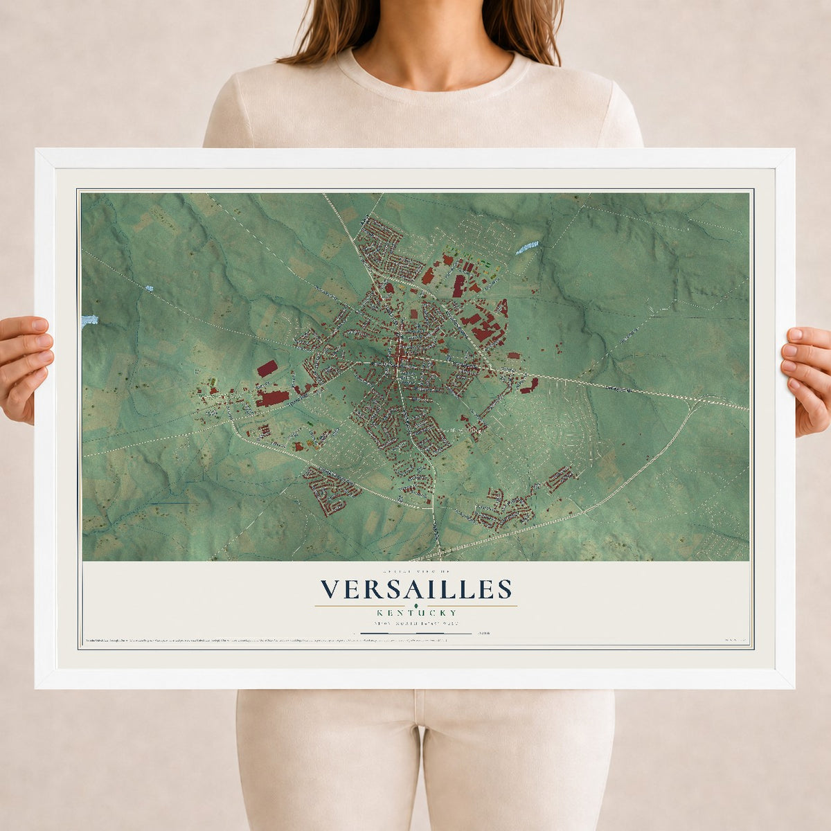 Map of Versailles, Kentucky, 18 x 24 inch print in a white wood frame