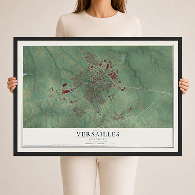 Map of Versailles, Kentucky, 24 x 36 inch print in a black wood frame
