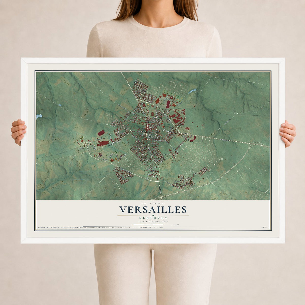 Map of Versailles, Kentucky, 24 x 36 inch print in a white wood frame