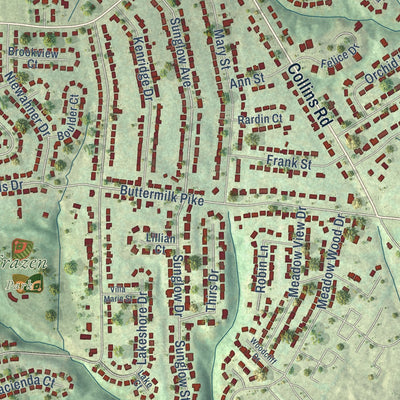 Close-up of the map of Villa Hills, Kentucky print showing street and building detail