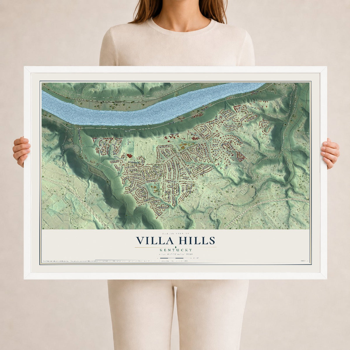 Map of Villa Hills, Kentucky, 24 x 36 inch print in a white wood frame
