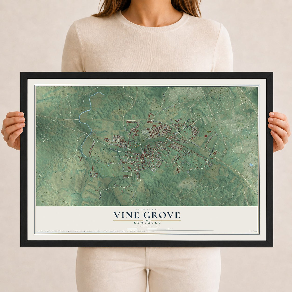 Map of Vine Grove, Kentucky, 12 x 18 inch print in a black wood frame