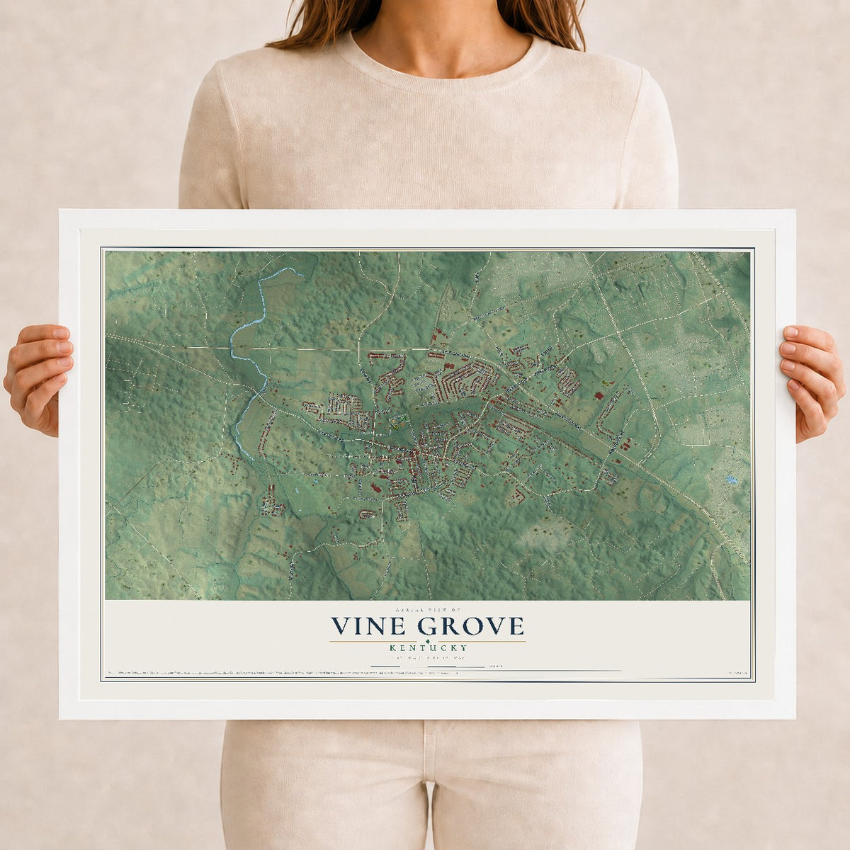 Map of Vine Grove, Kentucky, 12 x 18 inch print in a white wood frame