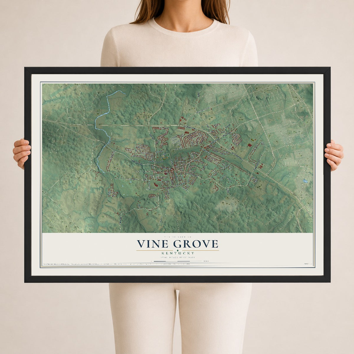 Map of Vine Grove, Kentucky, 24 x 36 inch print in a black wood frame