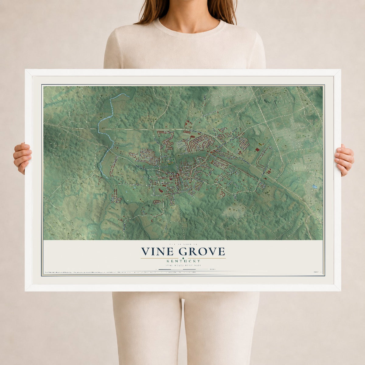 Map of Vine Grove, Kentucky, 24 x 36 inch print in a white wood frame