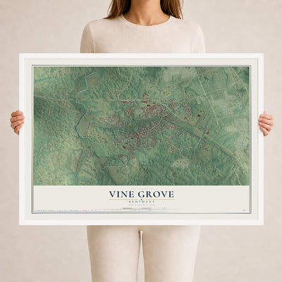 Map of Vine Grove, Kentucky, 24 x 36 inch print in a white wood frame