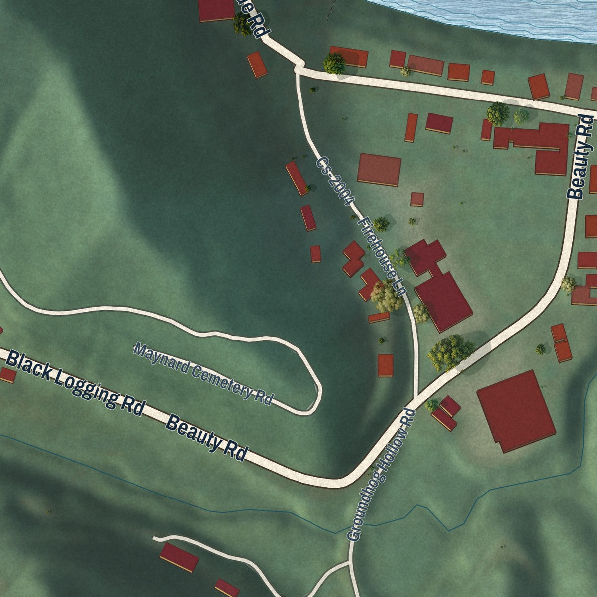 Second close-up of the map of Warfield, Kentucky print showing more streets and buildings