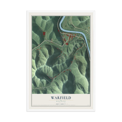 Map of Warfield, Kentucky, 12 x 18 inch print in a white wood frame